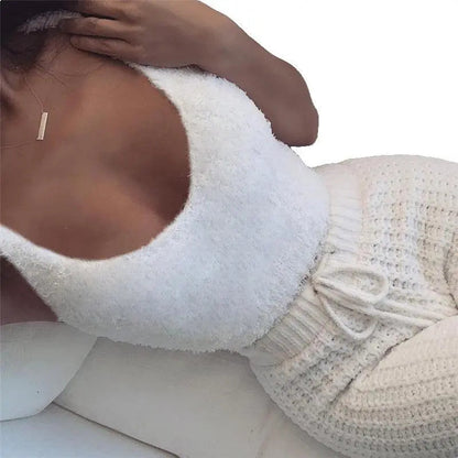 Close-up of the white fuzzy cami top and knit drawstring waistband