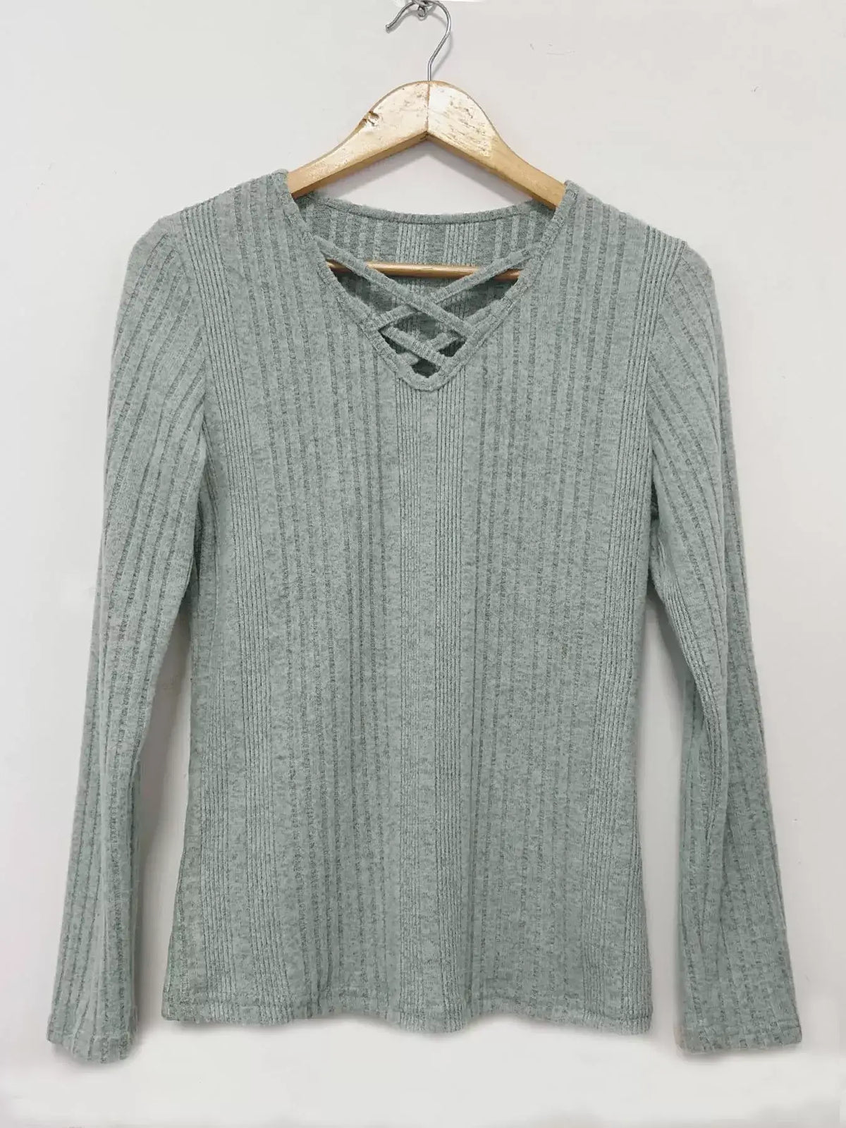 Crisscross V-Neck Ribbed Knit Top