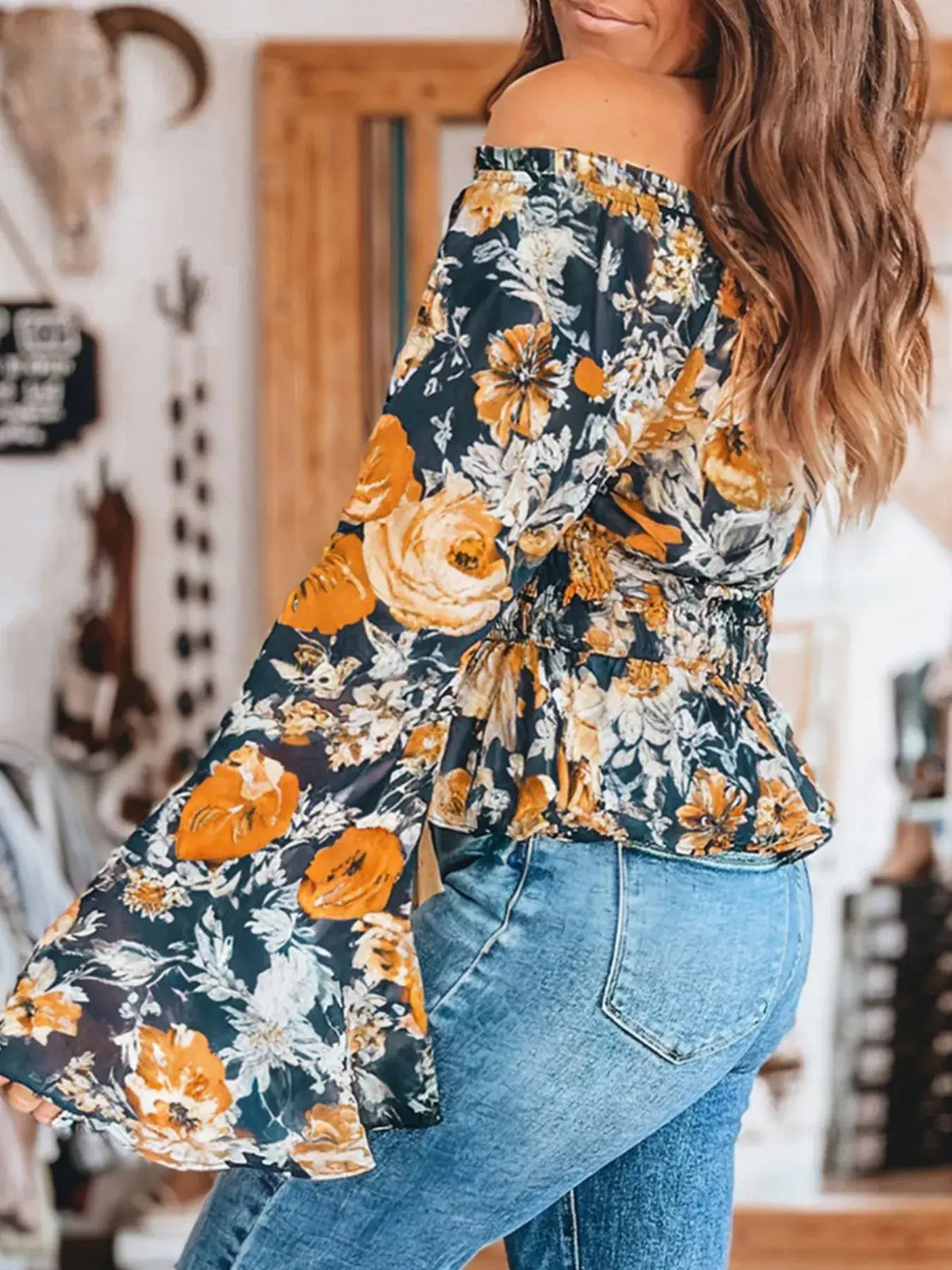 Floral Off-Shoulder Bell Sleeve Peplum Top