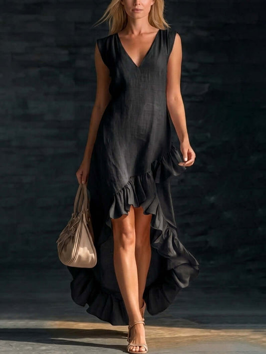 Cotton sleeveless casual dress for women, featuring a stylish V-neck and ruffled hem, perfect for warm weather.