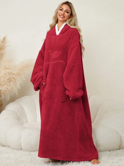 Women's hooded lounge dress in vibrant red, featuring a cozy hood, oversized silhouette, and practical pockets for comfort.