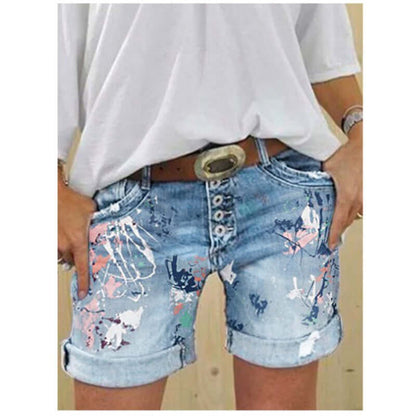 Women's high-waist printed denim shorts featuring a chic button closure and stylish print, perfect for summer.