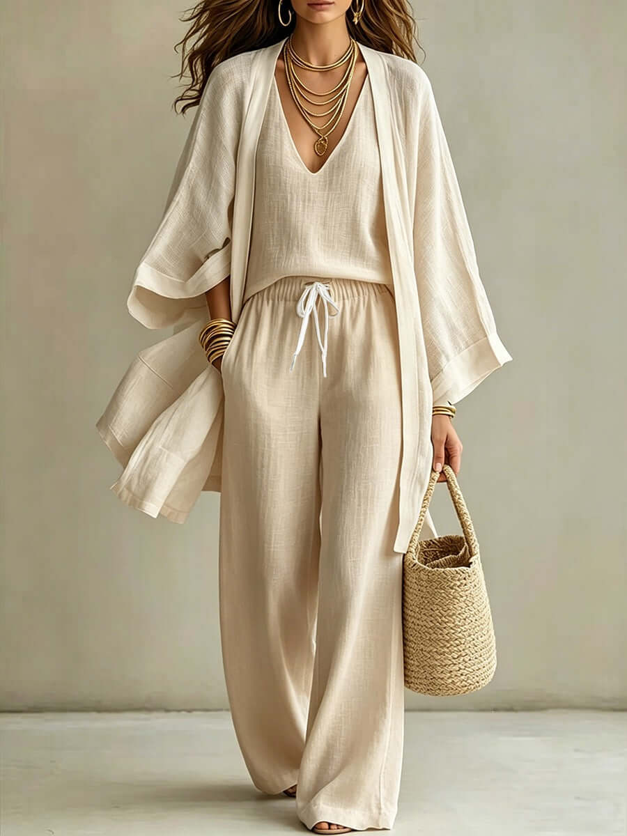 3-Piece Cardigan Vest & Wide-Leg Pants Set