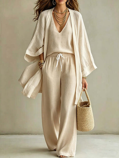 3-Piece Cardigan Vest & Wide-Leg Pants Set