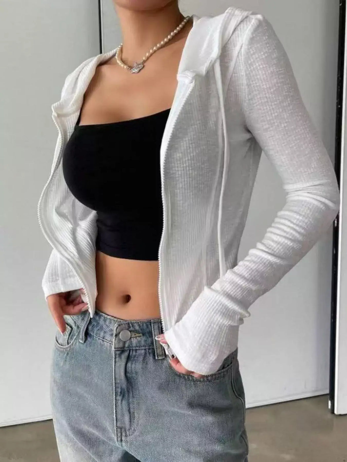 Ribbed Drawstring Zip Top
