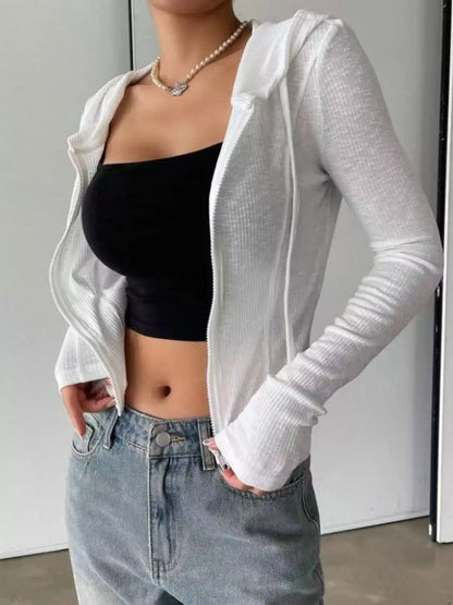 Ribbed Drawstring Zip Top