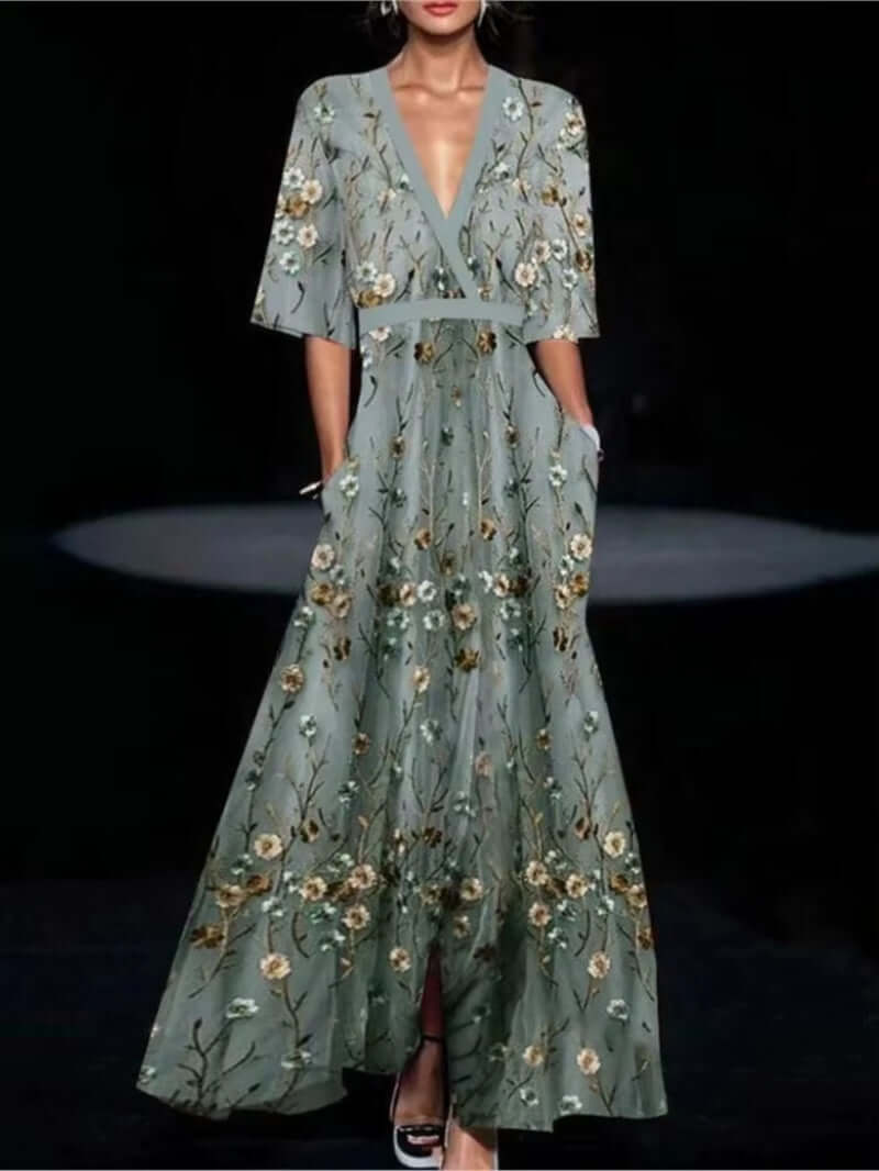Deep V-Neck Belted Print Dress