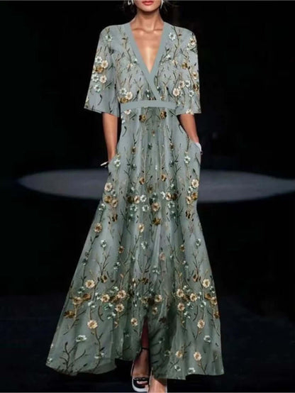 Deep V-Neck Belted Print Dress