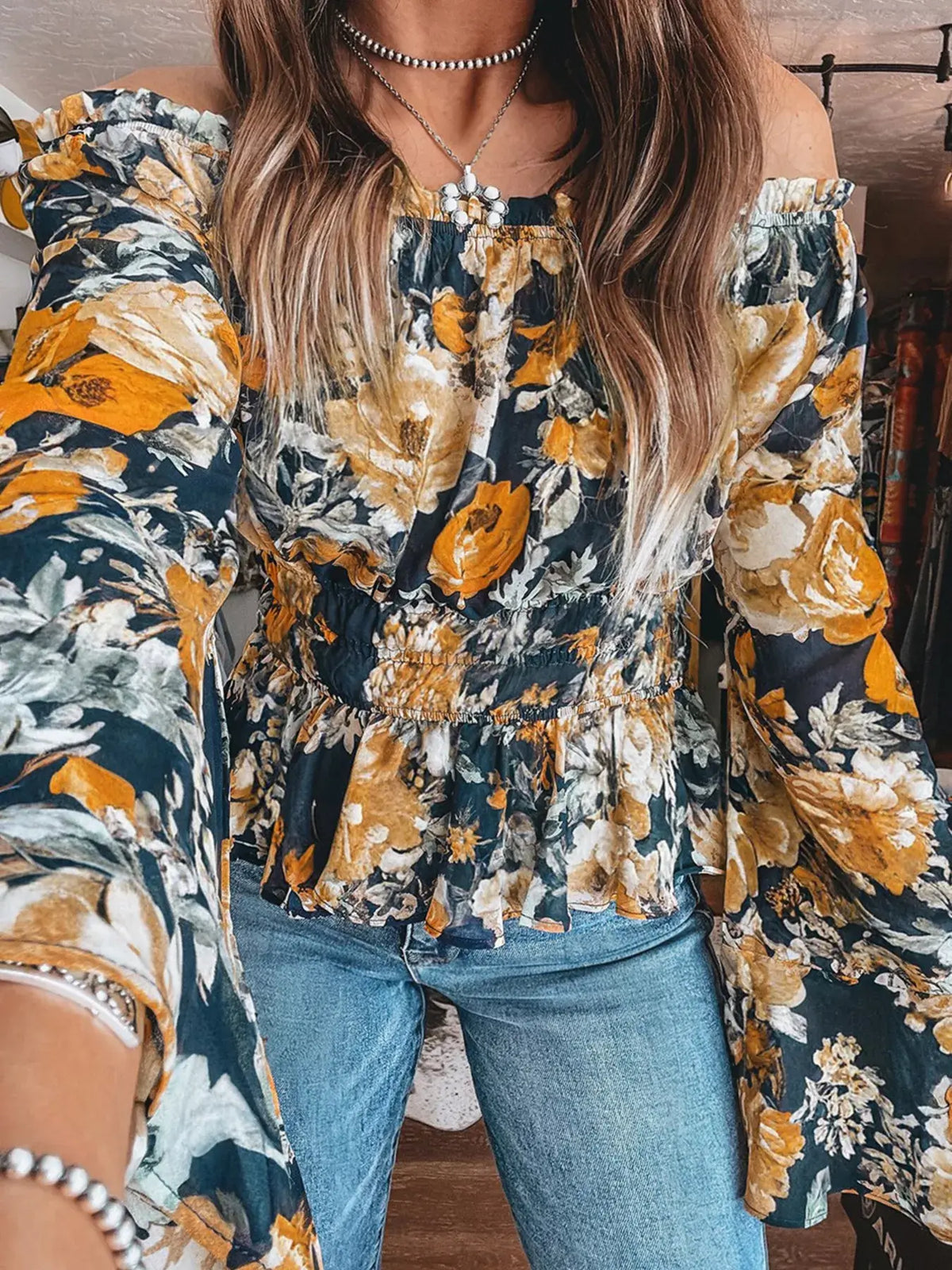 Floral Off-Shoulder Bell Sleeve Peplum Top