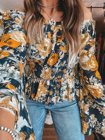Floral Off-Shoulder Bell Sleeve Peplum Top