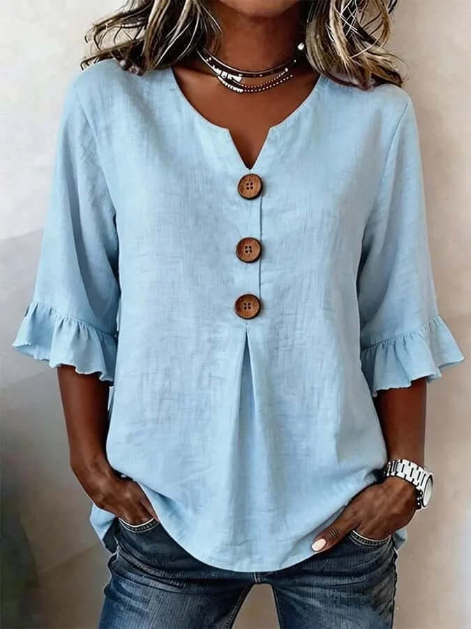 Women's Cotton-Linen V-Neck Blouse
