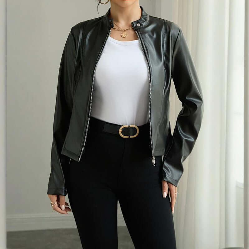 Women's Faux Leather Stand Collar Blazer