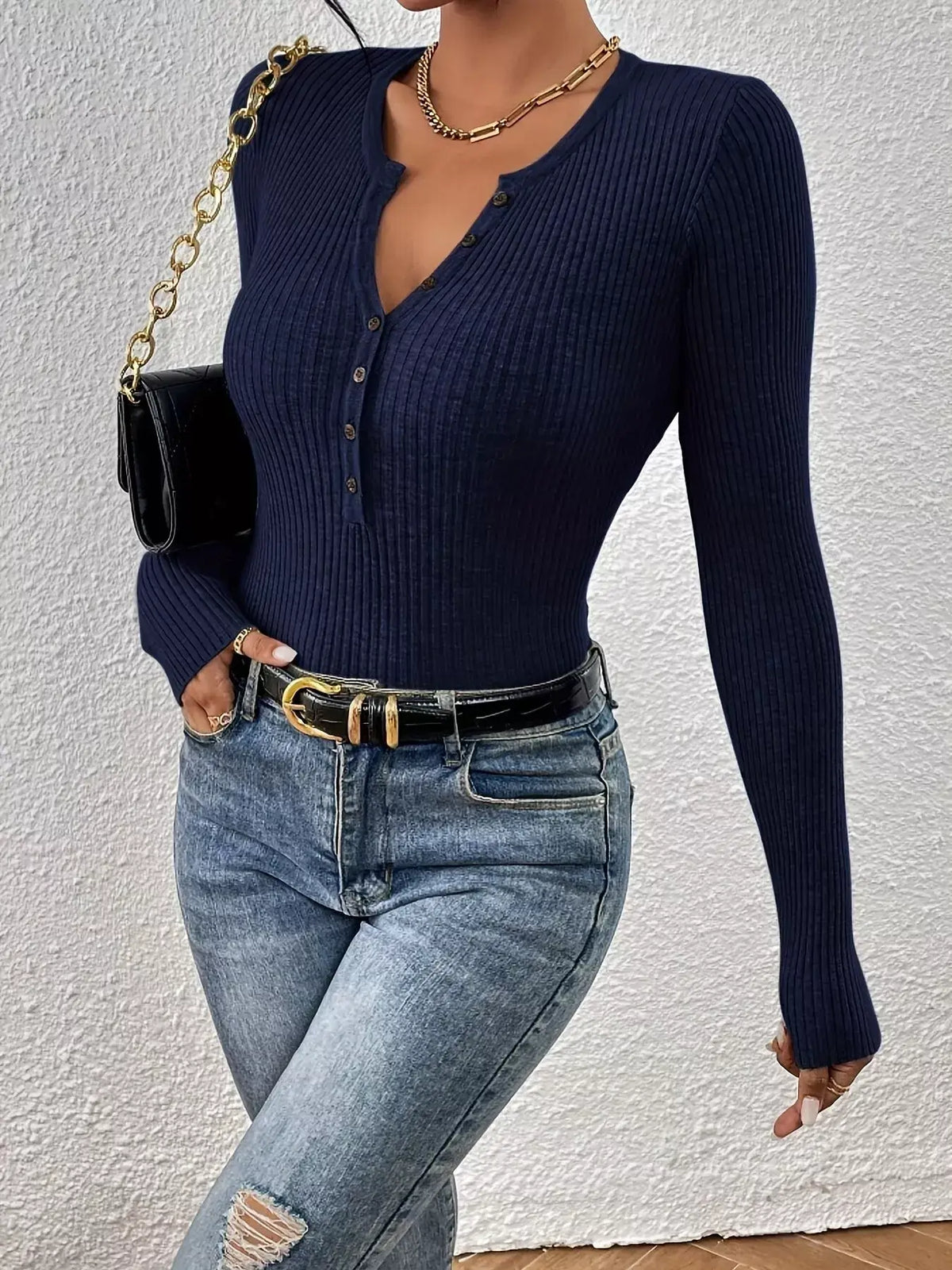 Ribbed Knit Button-Front Top