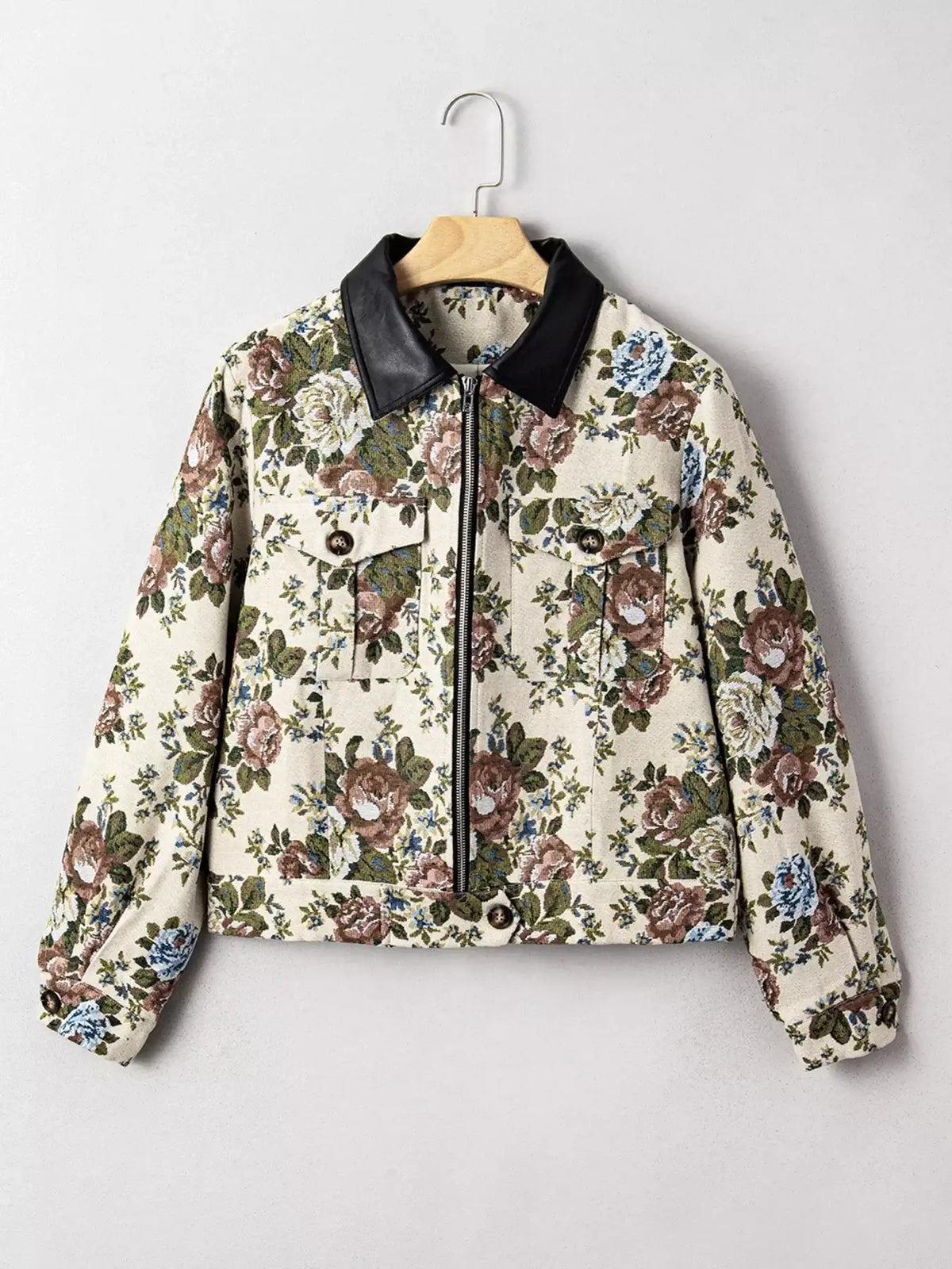 Floral Print Contrast Collar Zip-Up Jacket