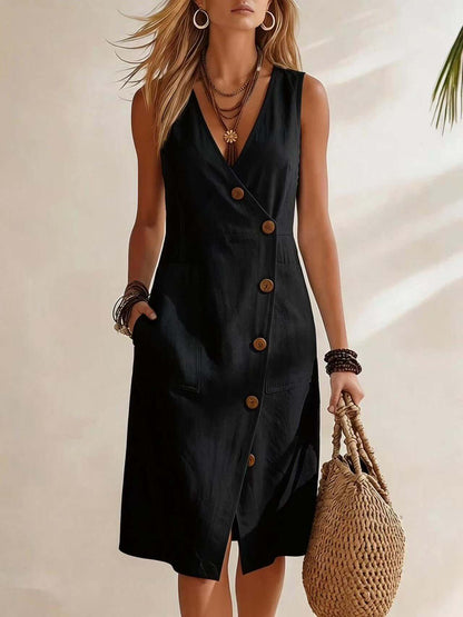 V-Neck Asymmetrical Button Midi Dress
