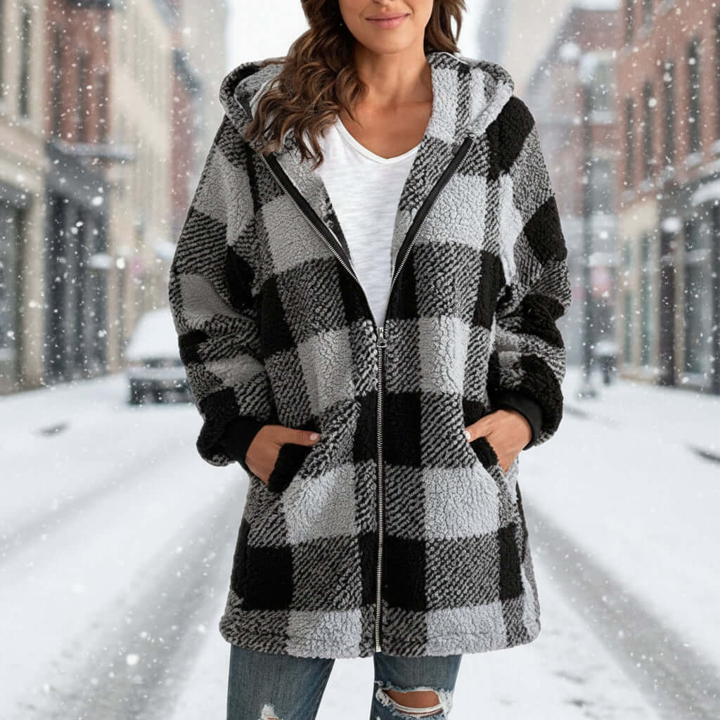 Plaid Hooded Zip-Up Oversized Jacket — Women’s Winter Commute Coat in gray, stylish and cozy for womens fashion and jackets.