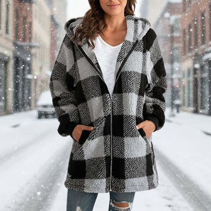 Plaid Hooded Zip-Up Oversized Jacket — Women’s Winter Commute Coat in gray, stylish and cozy for womens fashion and jackets.