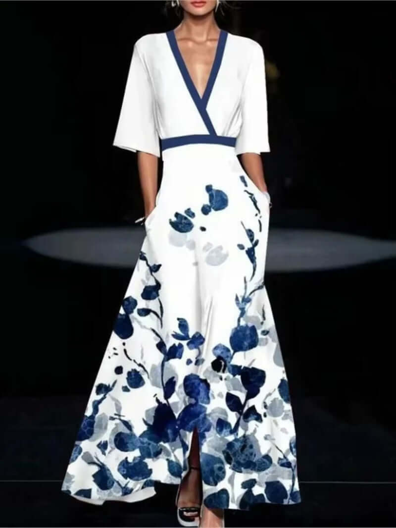 Deep V-Neck Belted Print Dress
