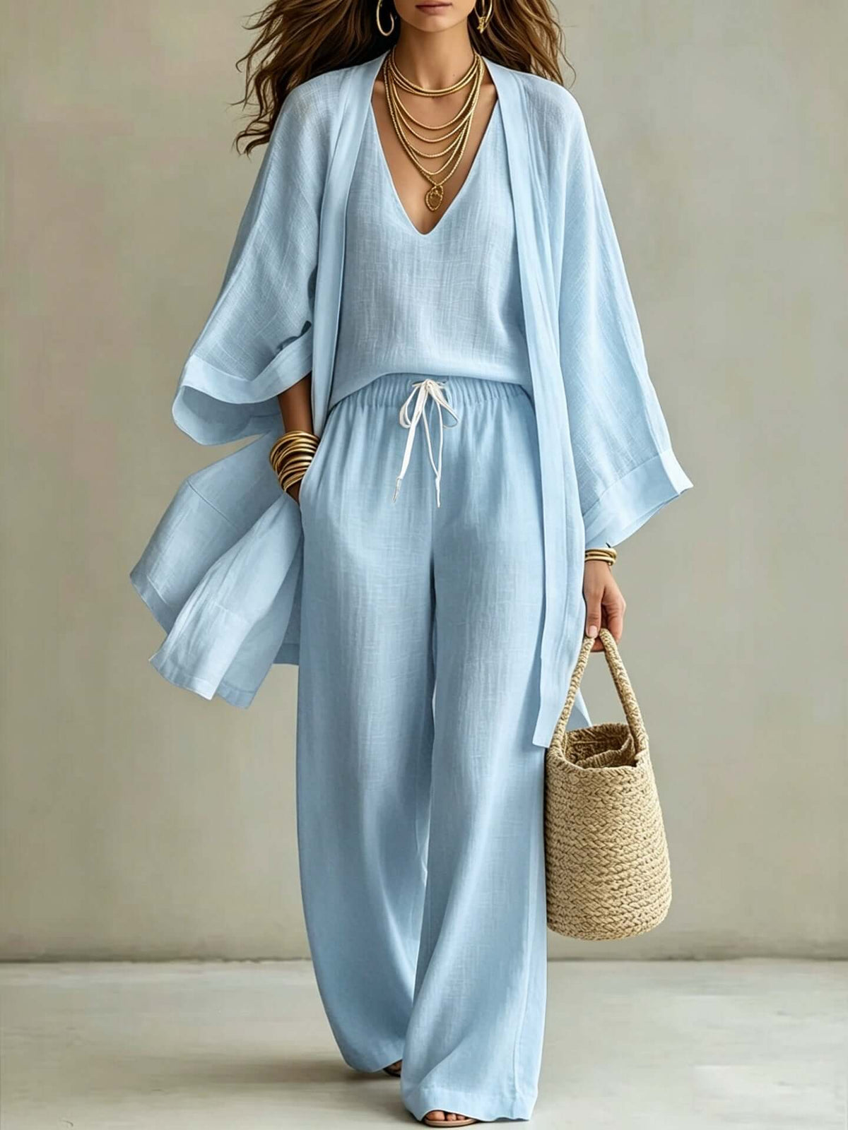 3-Piece Cardigan Vest & Wide-Leg Pants Set