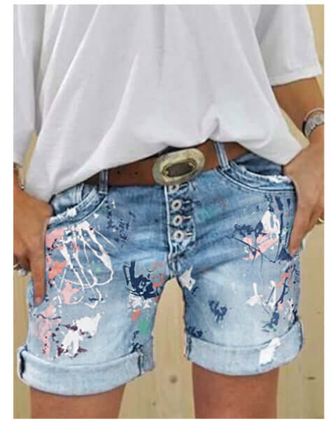 High-Waist Printed Denim Shorts