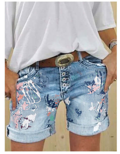 High-Waist Printed Denim Shorts