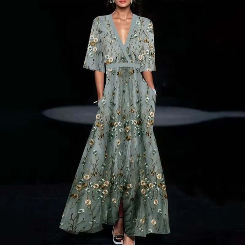 Deep V-Neck Belted Print Dress