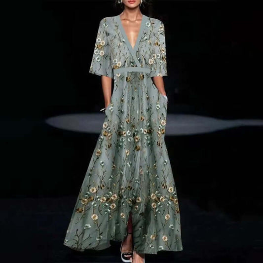 Deep V-Neck Belted Print Dress