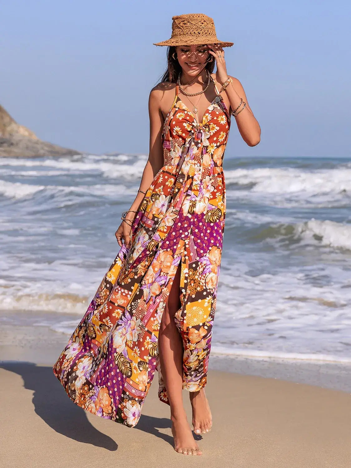 Slit Printed Halter Neck Dress