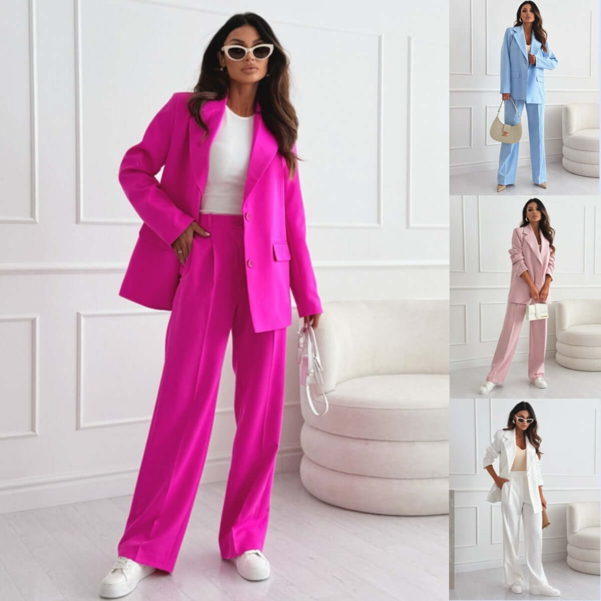 Women's professional blazer trousers suit set in vibrant pink, showcasing a modern fashion style with long sleeves and full-length trousers.