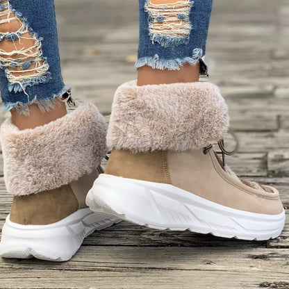 fur lined ankle boots in beige with soft fluff lining and durable rubber sole, perfect for winter fashion.