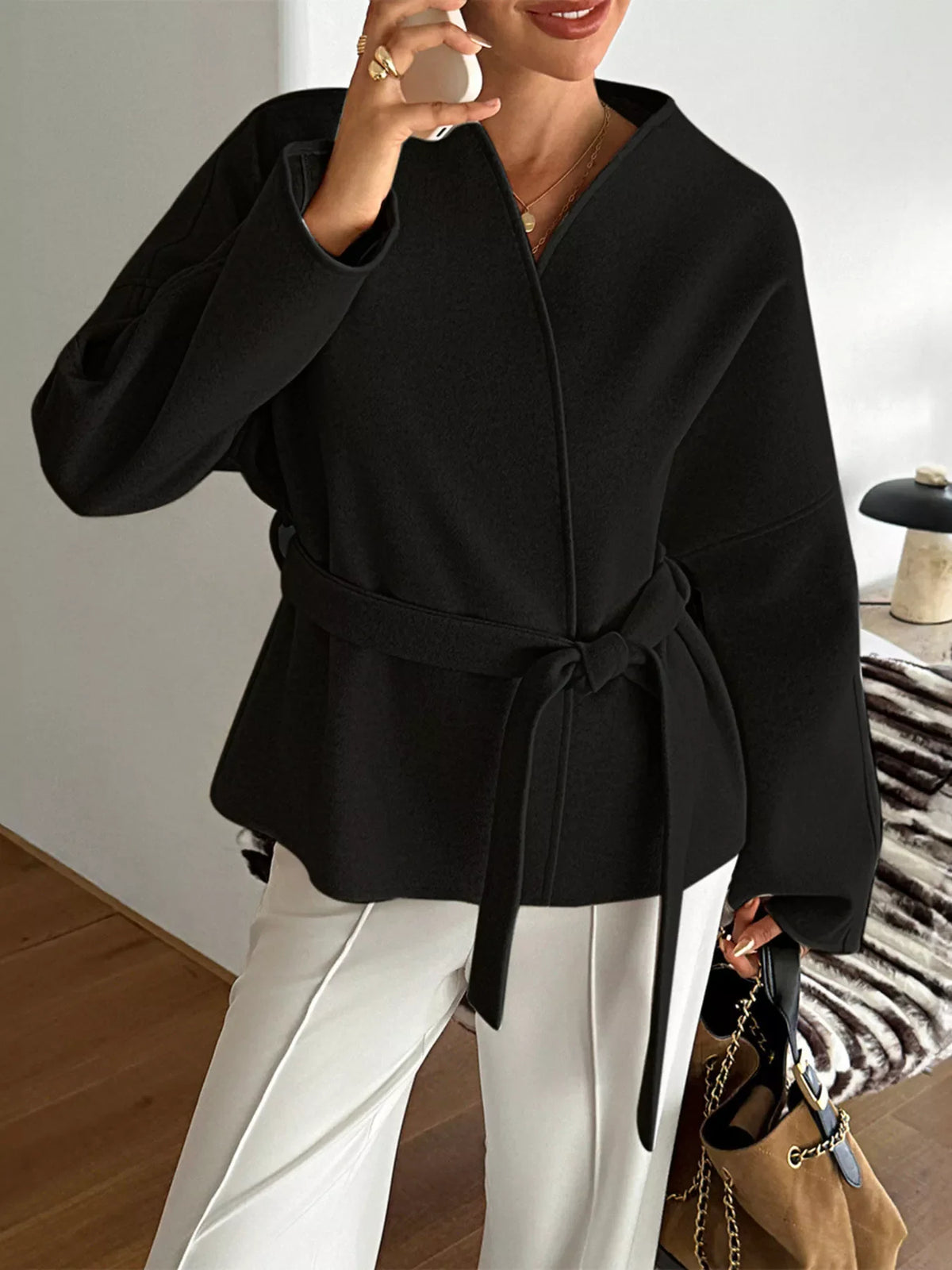 Surplice Tie-Belt Dropped-Shoulder Outerwear