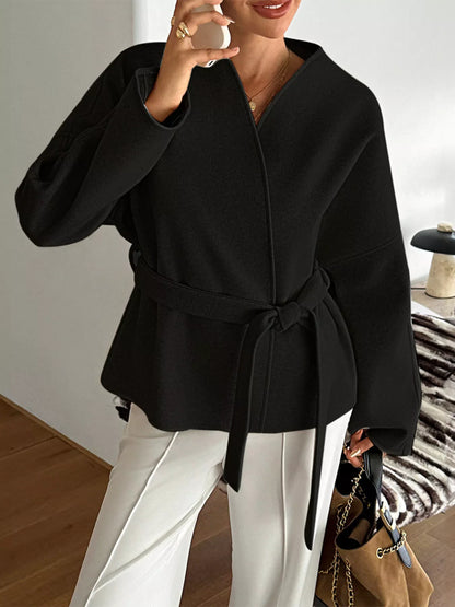Surplice Tie-Belt Dropped-Shoulder Outerwear