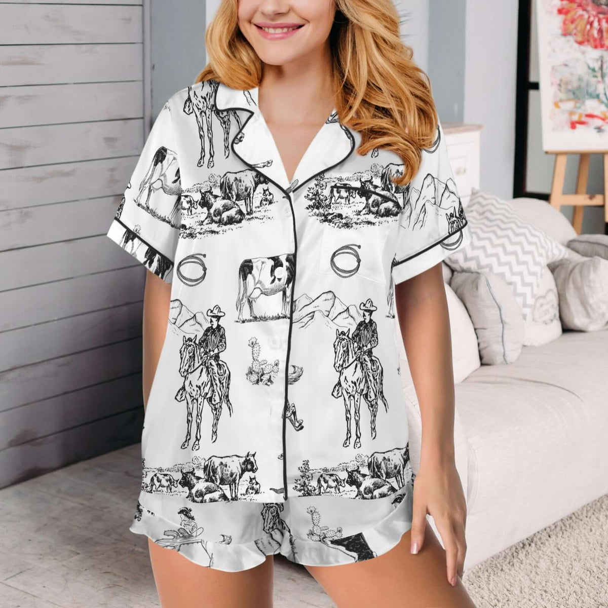 Ruffle Hem Satin Pajama Set
