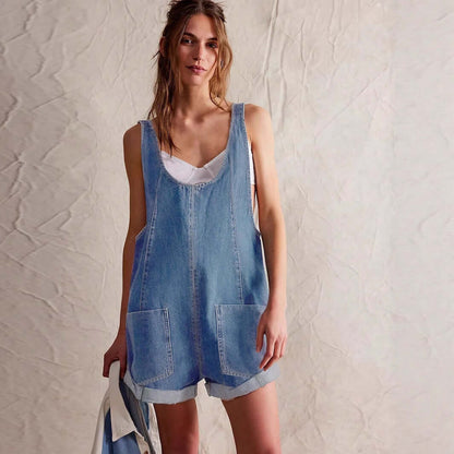 Women's Loose Denim Overall Shorts – Summer Streetwear Bib Shorts on a model, showcasing a casual summer look.
