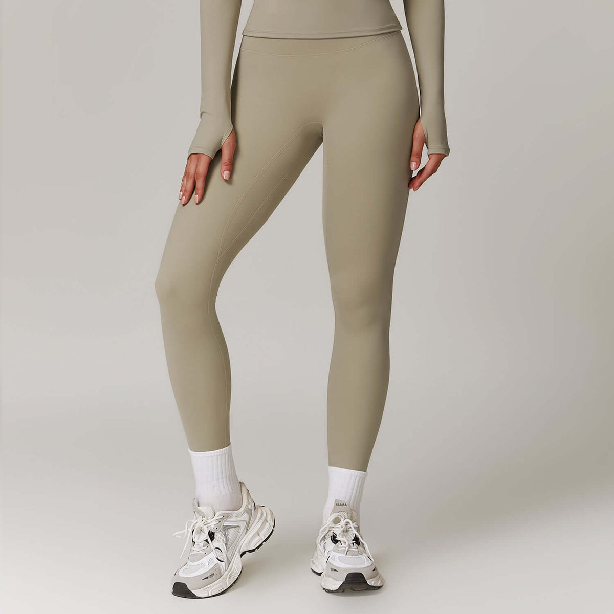 High-Waist Hip-Lifting Yoga Pants – Dance Sport Leggings in beige color, perfect for workouts and stylish movement.
