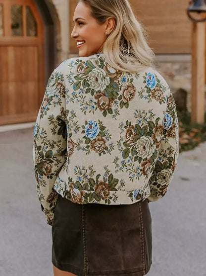 Floral Print Contrast Collar Zip-Up Jacket