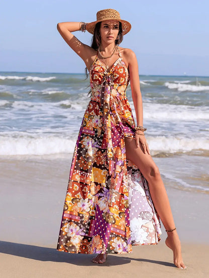 Slit Printed Halter Neck Dress