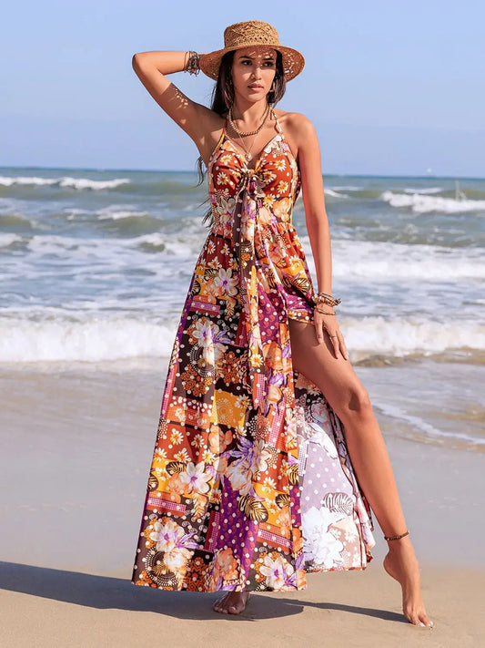 Slit Printed Halter Neck Dress