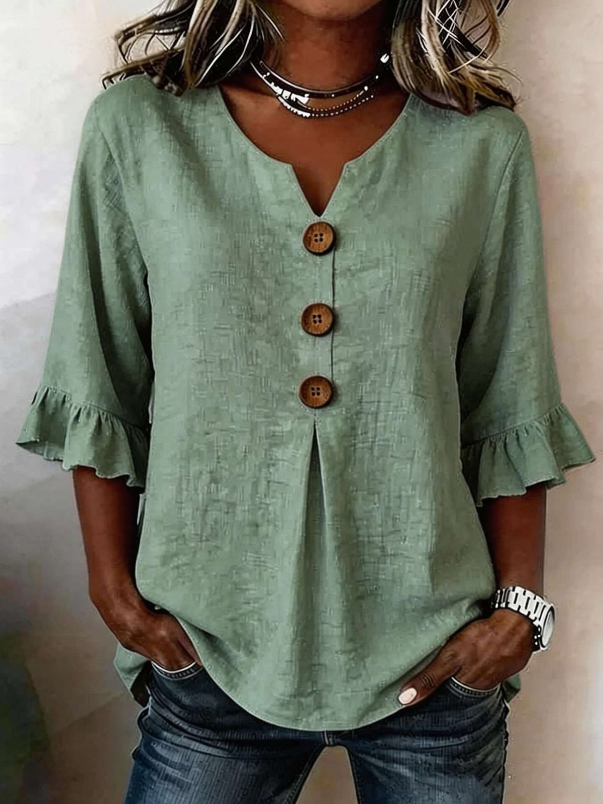 Women's Cotton-Linen V-Neck Blouse