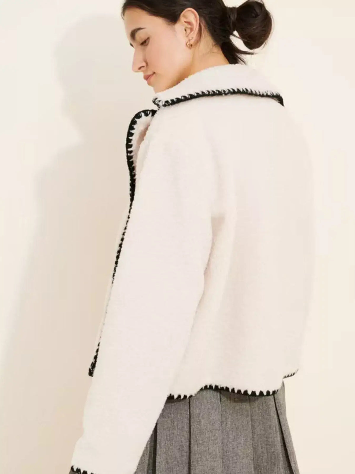 Sherpa Contrast-Trim Button-Up Outerwear