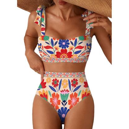 Tie-Shoulder High-Waisted Bikini Set