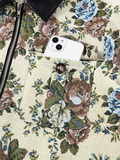 Floral Print Contrast Collar Zip-Up Jacket