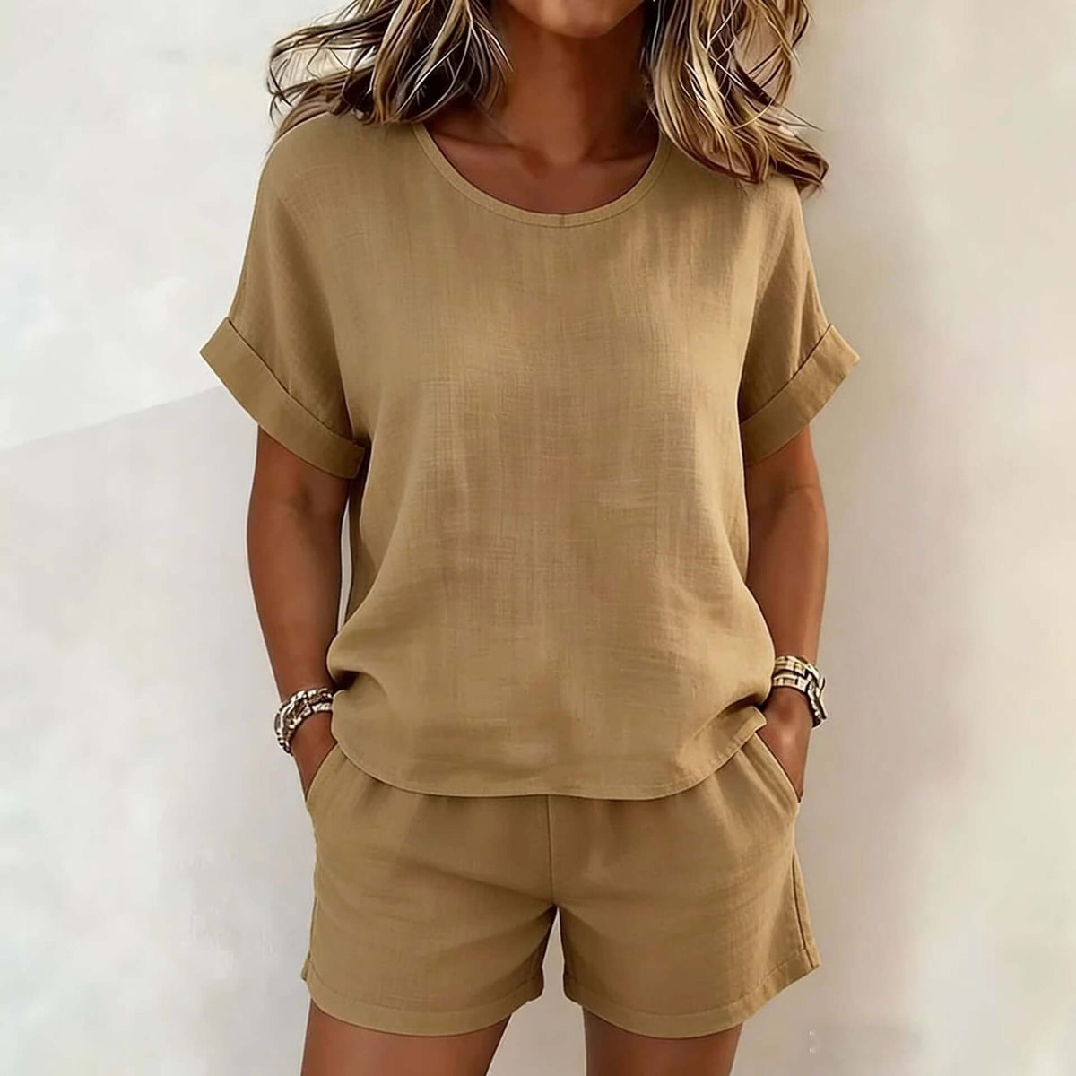 Solid-Color Cotton-Linen Shorts Set