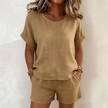 Solid-Color Cotton-Linen Shorts Set