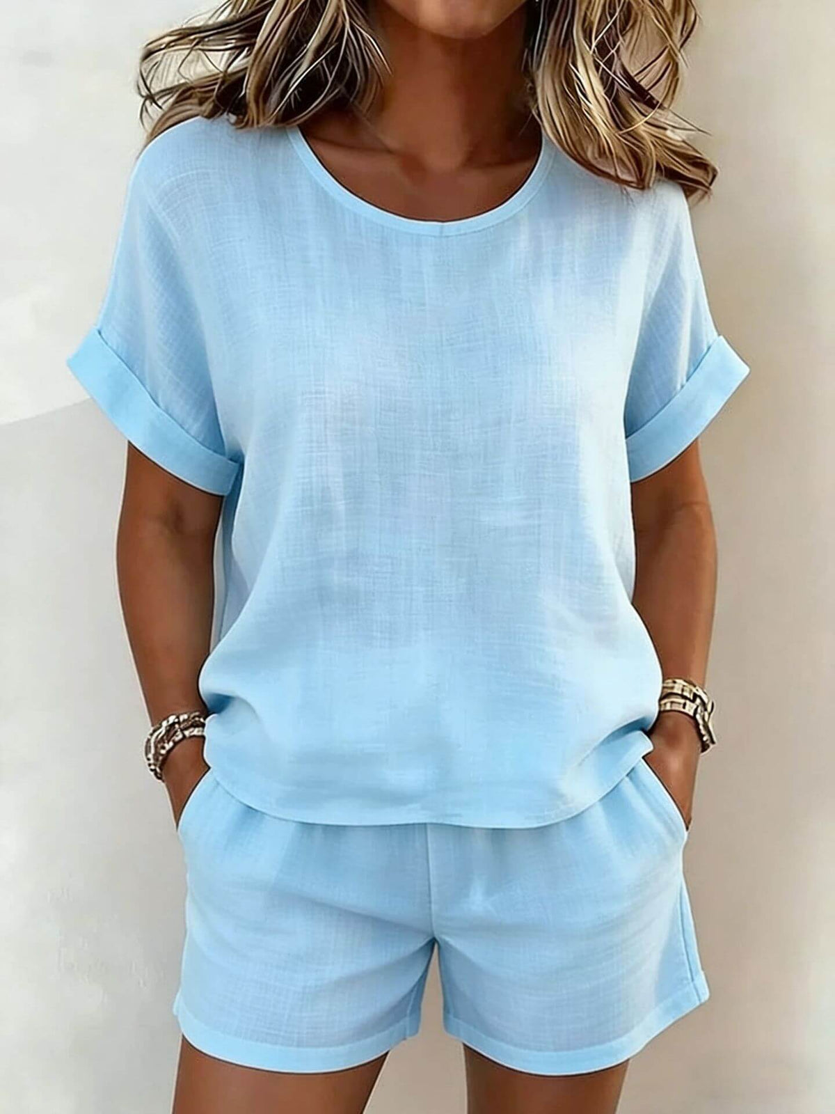 Solid-Color Cotton-Linen Shorts Set