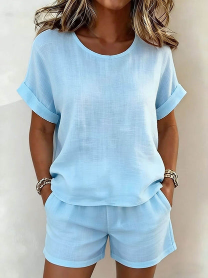Solid-Color Cotton-Linen Shorts Set