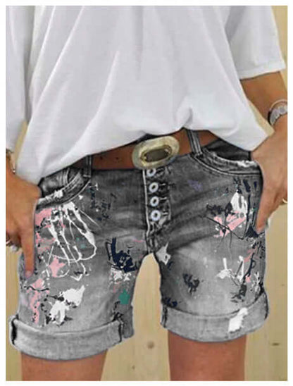 High-Waist Printed Denim Shorts