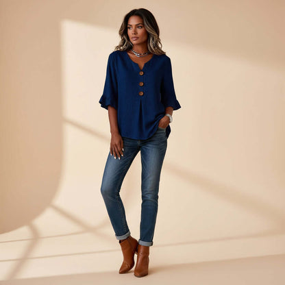 Women's Cotton-Linen V-Neck Blouse