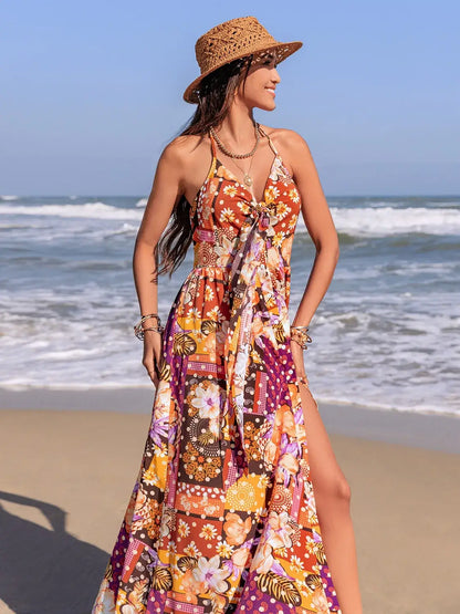 Slit Printed Halter Neck Dress