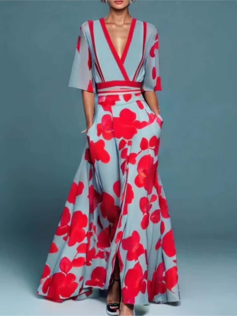 Deep V-Neck Belted Print Dress